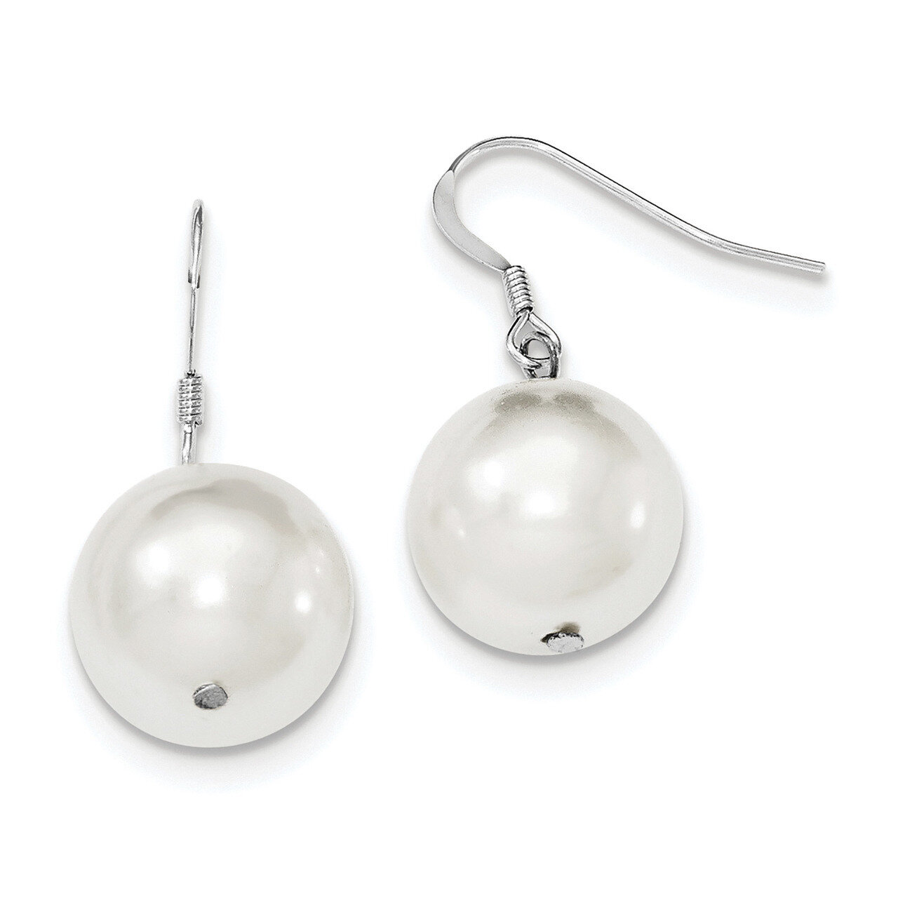 14-15mm White Shell Bead Dangle Earrings Sterling Silver QE12789, MPN: QE12789, 191101429149