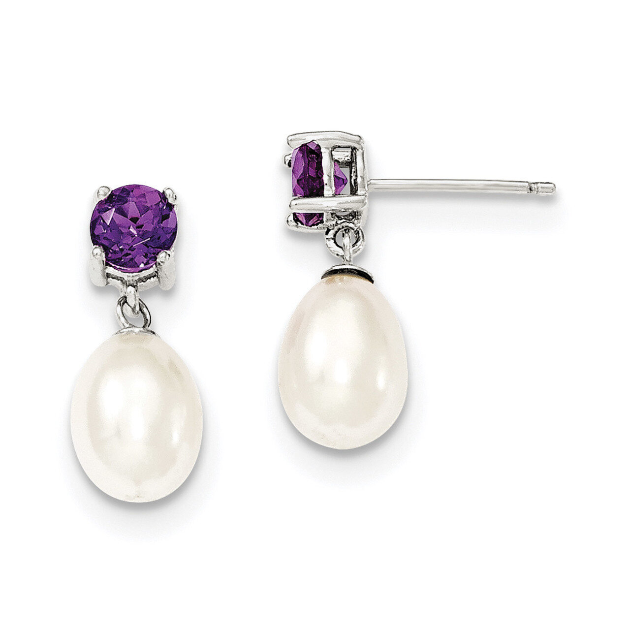Amethyst &amp; 7-8mm Freshwater Cultured Pearl Teardrop Earrings Sterling Silver QE12794, MPN: QE12794,…