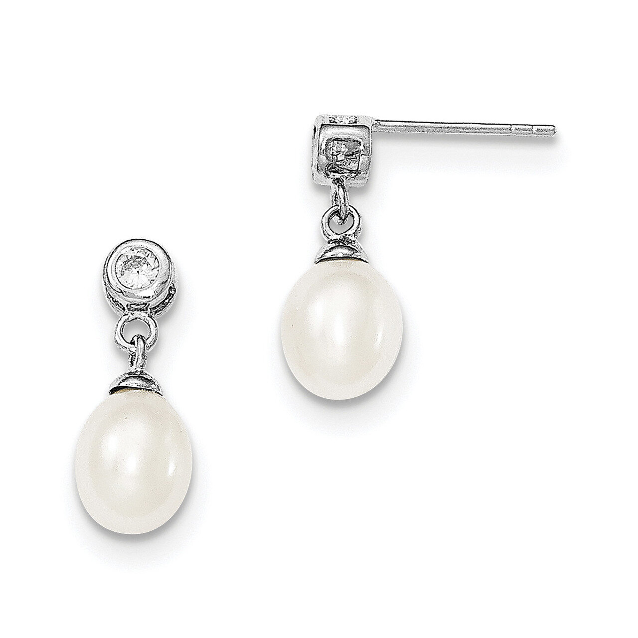 7-8mm White Cultured Freshwater Pearl CZ Diamond Post Dangle Earrings Sterling Silver Rhodium-plate…