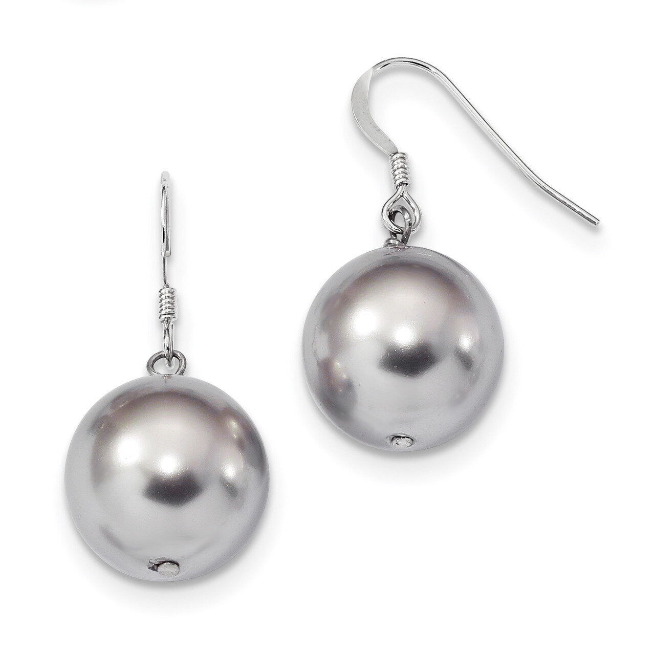 14-15 Grey Shell Round Pearl Dangle Earrings Sterling Silver QE12821