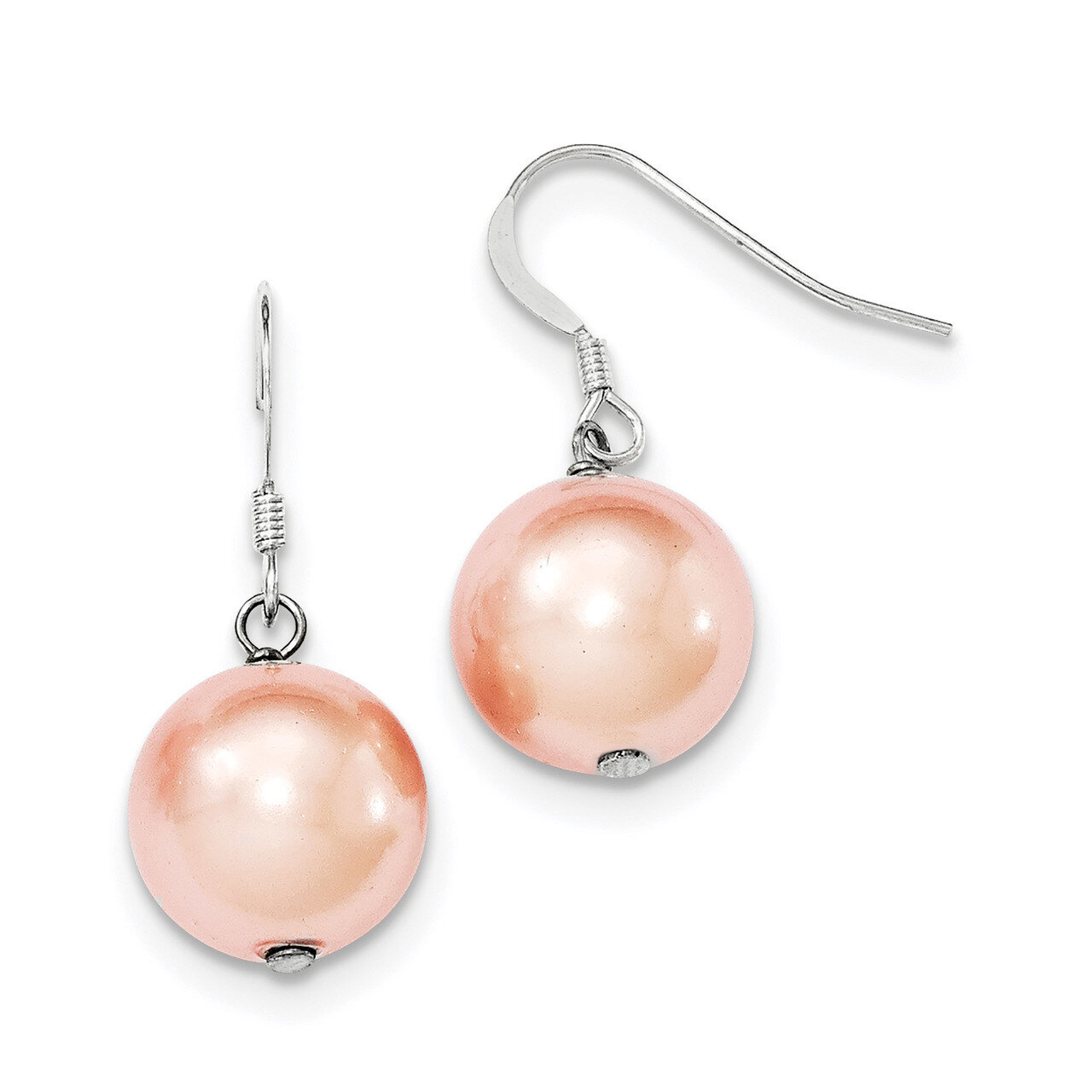 14-15mm Pink Shell Bead Dangle Earrings Sterling Silver QE12851