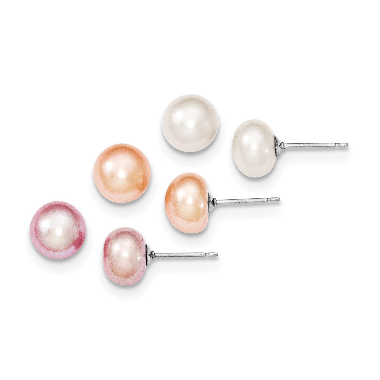 8-9mm Multi-Color Set of 3 Cultured Freshwater Pearl Button Studs Earrings Sterling Silver Rhodium QE12884SET