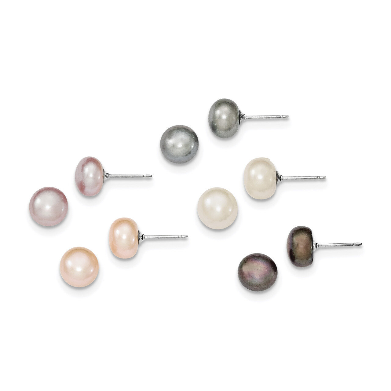 8-9mm Multi-Color Set of 5 Cultured Freshwater Pearl Button Studs Earrings Sterling Silver Rhodium QE12885SET