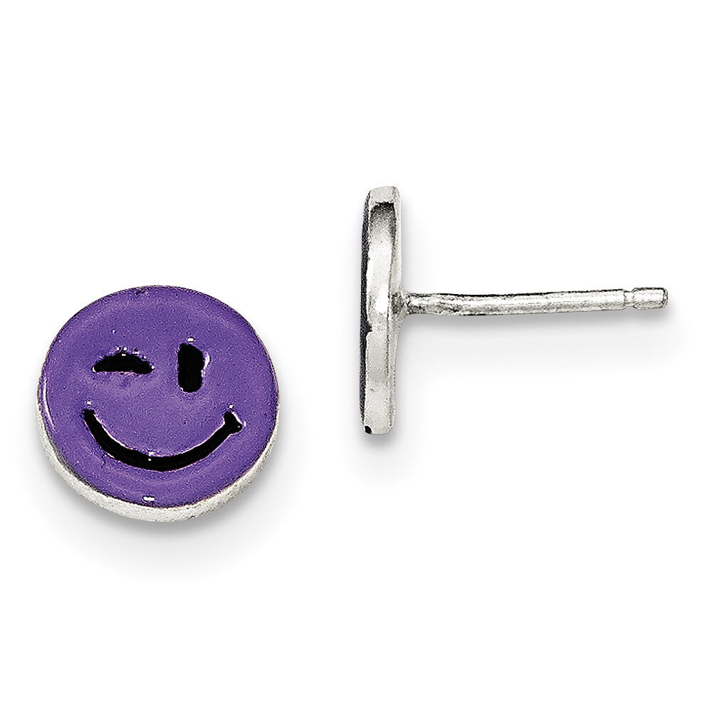 Purple Enamel Winking Smiley Face Childs Post Earrings Sterling Silver QE12919