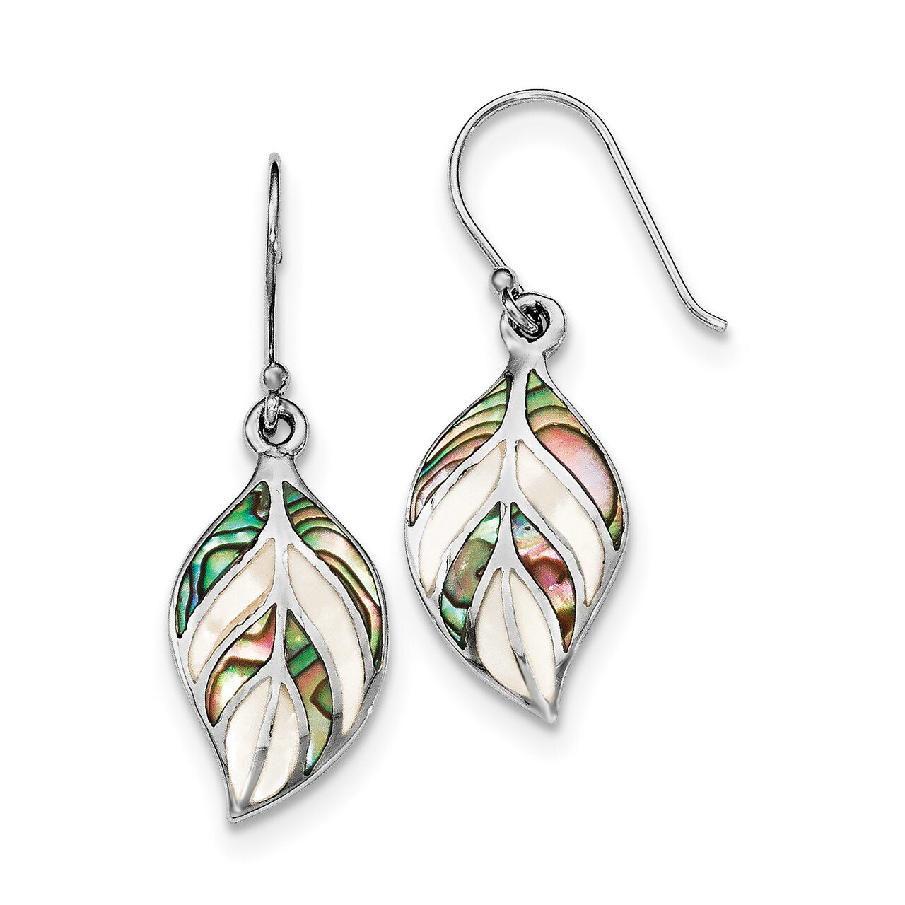 Leaf Mother of Pearl &amp; Abalone Dangle Earrings Sterling Silver Rhodium Polished QE12958, MPN: QE129…