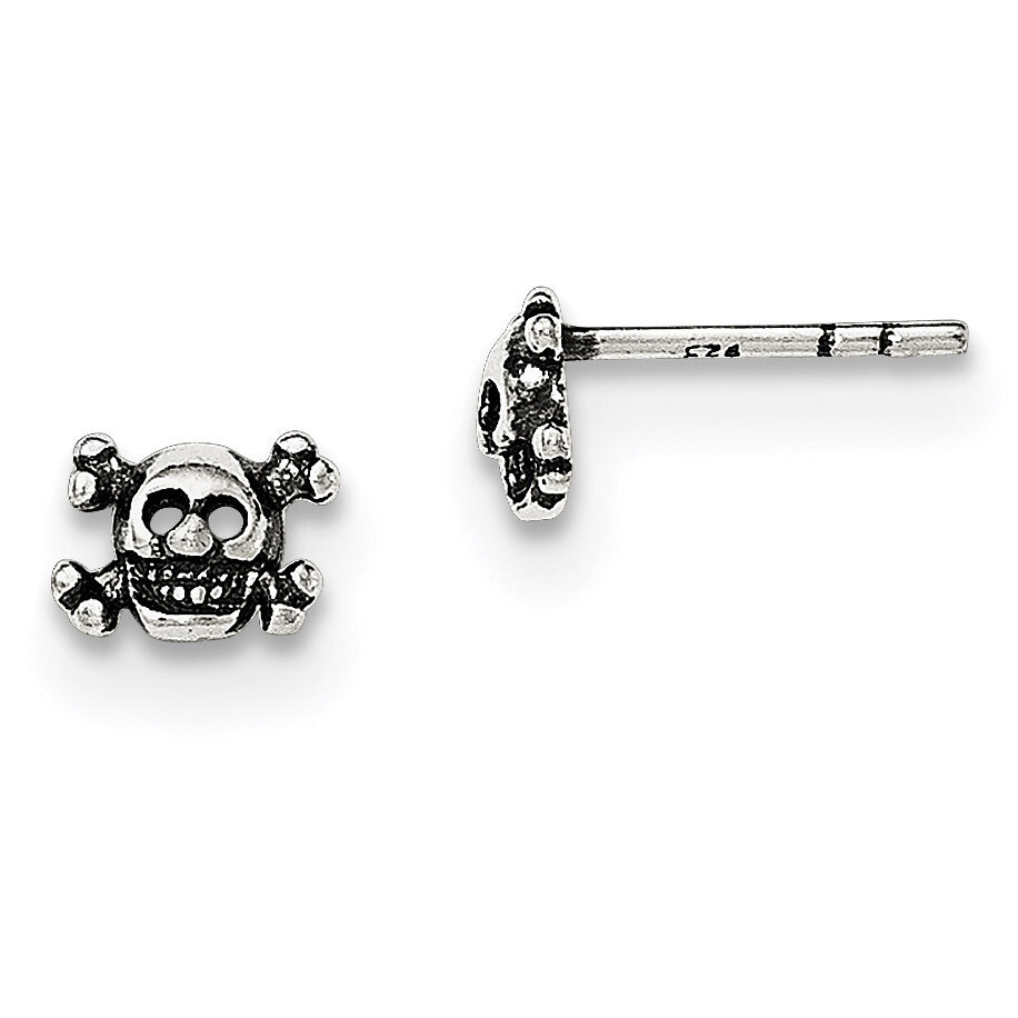 Skull Post Earrings Sterling Silver Polished and Antiqued QE12962, MPN: QE12962, 191101231568