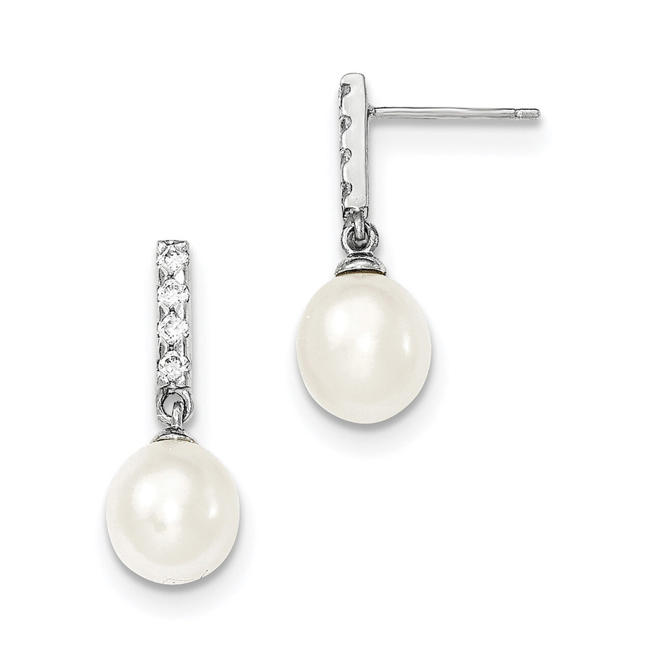8-9mm White Freshwater Cultured Pearl CZ Diamond Post Dangle Earrings Sterling Silver QE12968