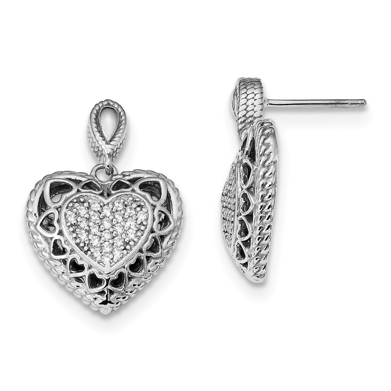 CZ Diamond Heart Dangle Post Earrings Sterling Silver Rhodium-plated Polished QE13033