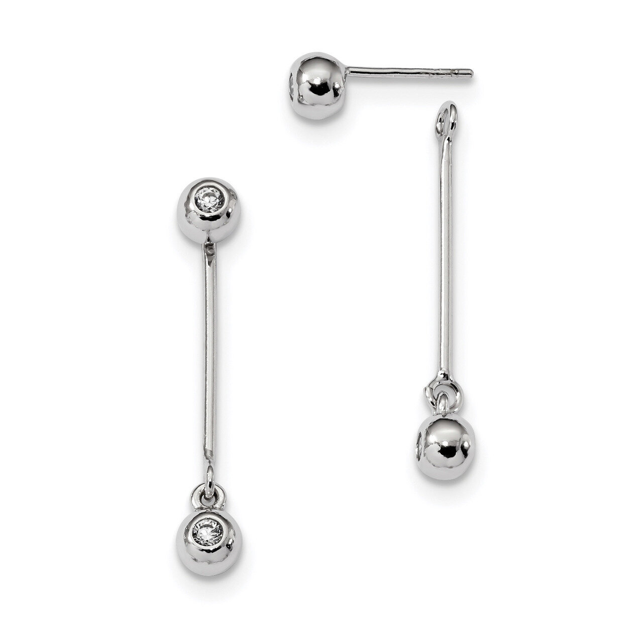 Post &amp; Dangle CZ Diamond Ball Front &amp; Back Earrings Sterling Silver Rhodium-plated QE13038, MPN: QE…