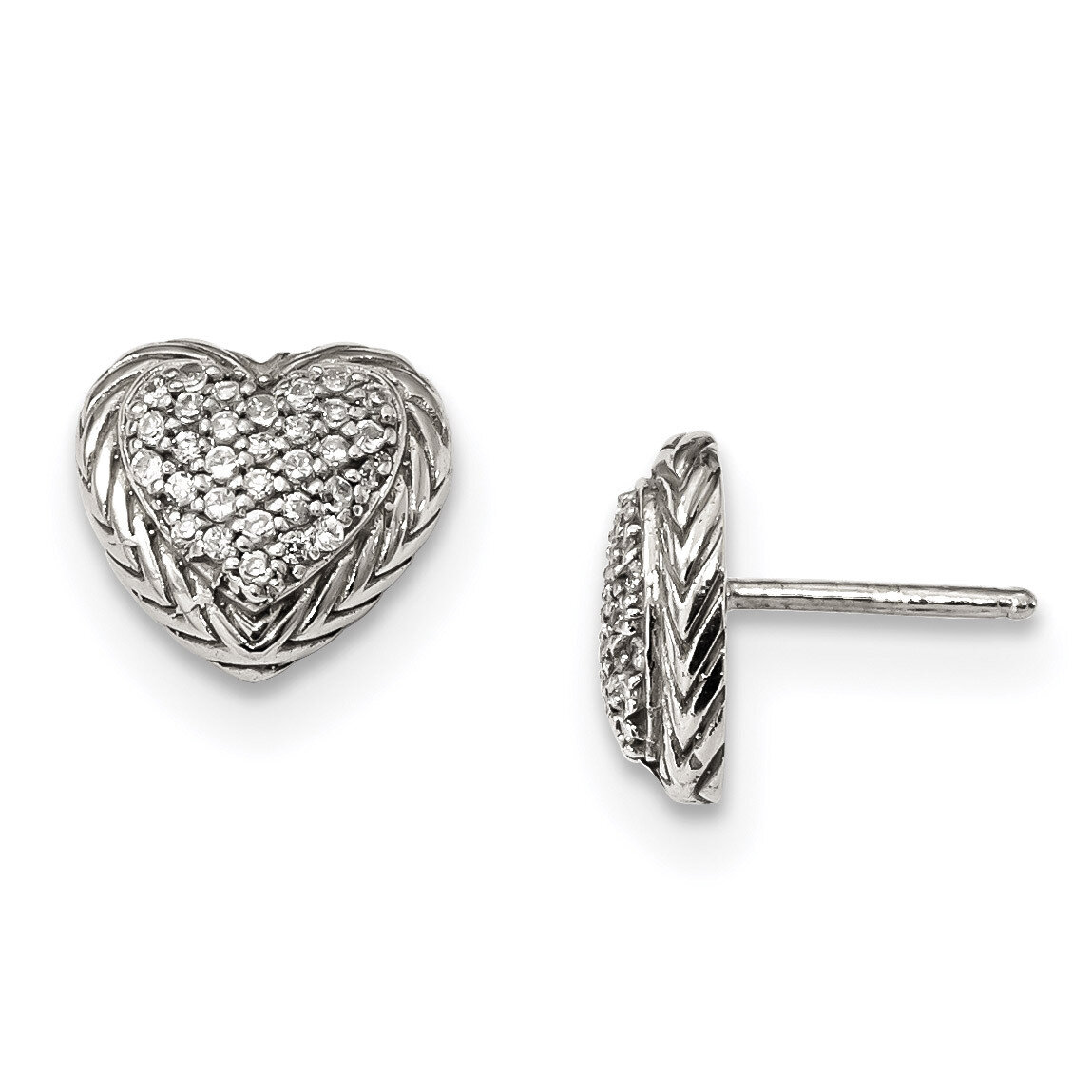 CZ Diamond Textured Heart Post Earrings Sterling Silver QE13072, MPN: QE13072,
