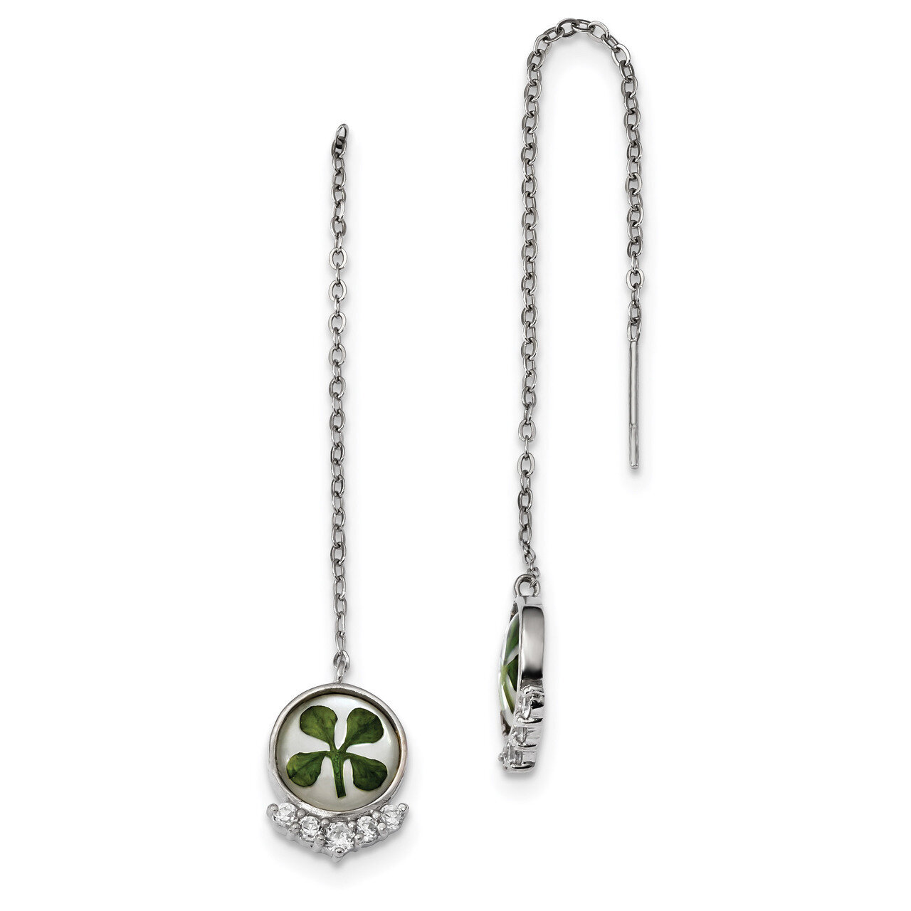 Clover Epoxy &amp; Shell CZ Diamond Post Earrings Sterling Silver Platinum-plated QE13080, MPN: QE13080,