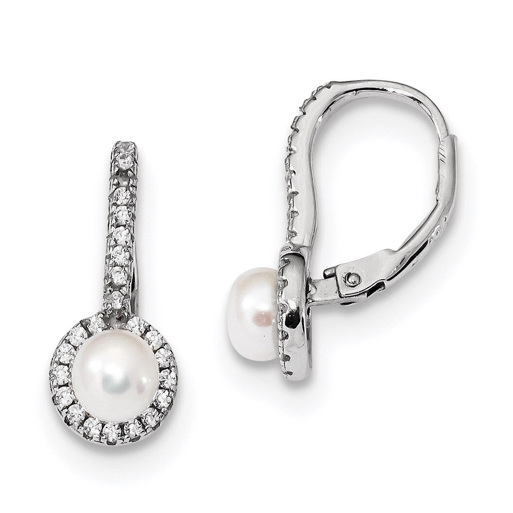 5-6mm Button Cultured Freshwater Pearl CZ Diamond Dangle Earrings Sterling Silver Rhodium-plated QE…