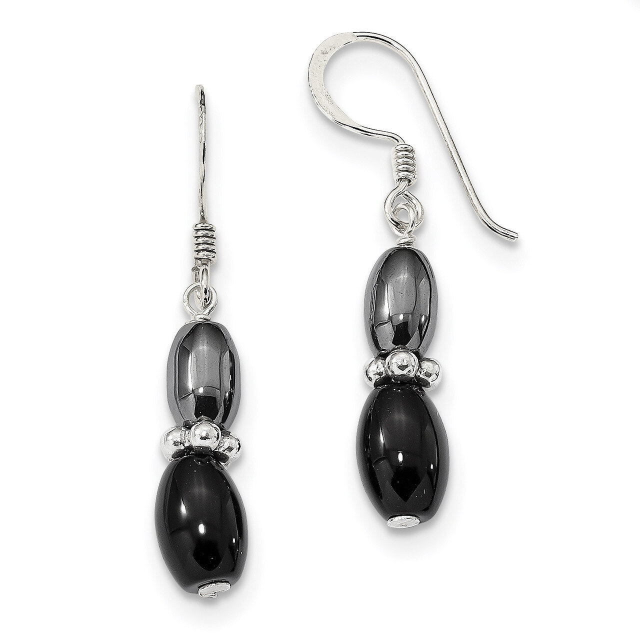 Black Agate & Hematite Shepherd Hook Earrings Sterling Silver QE13103