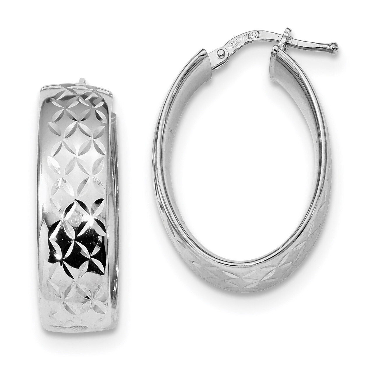 Diamond Cut Oval Hoops Earrings Sterling Silver Rhodium-plated Polished QE13256, MPN: QE13256, 1911…