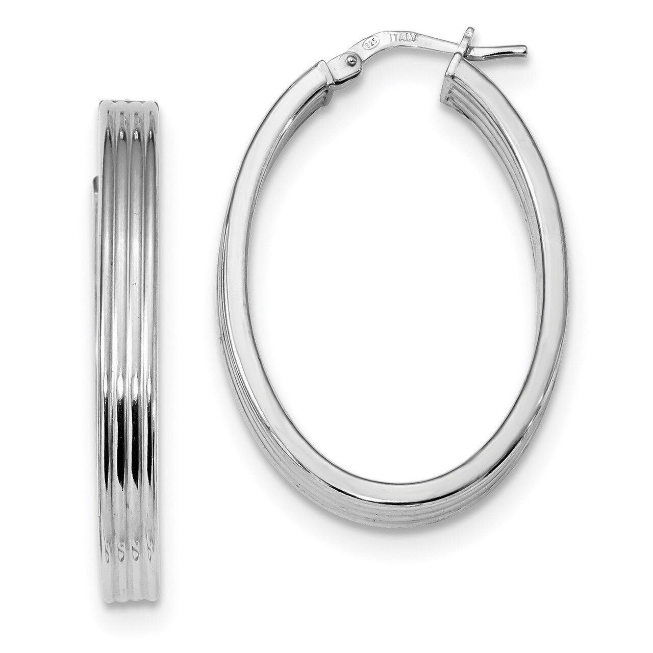 Oval Hoops Earrings Sterling Silver Rhodium-plated Polished Textured QE13258, MPN: QE13258, 1911012…