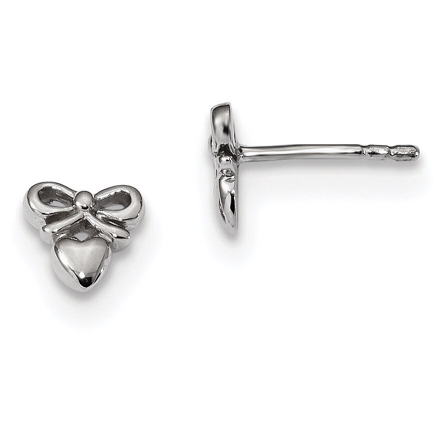 Heart with Bow Post Earrings Sterling Silver Rhodium-plated Polished QE13394