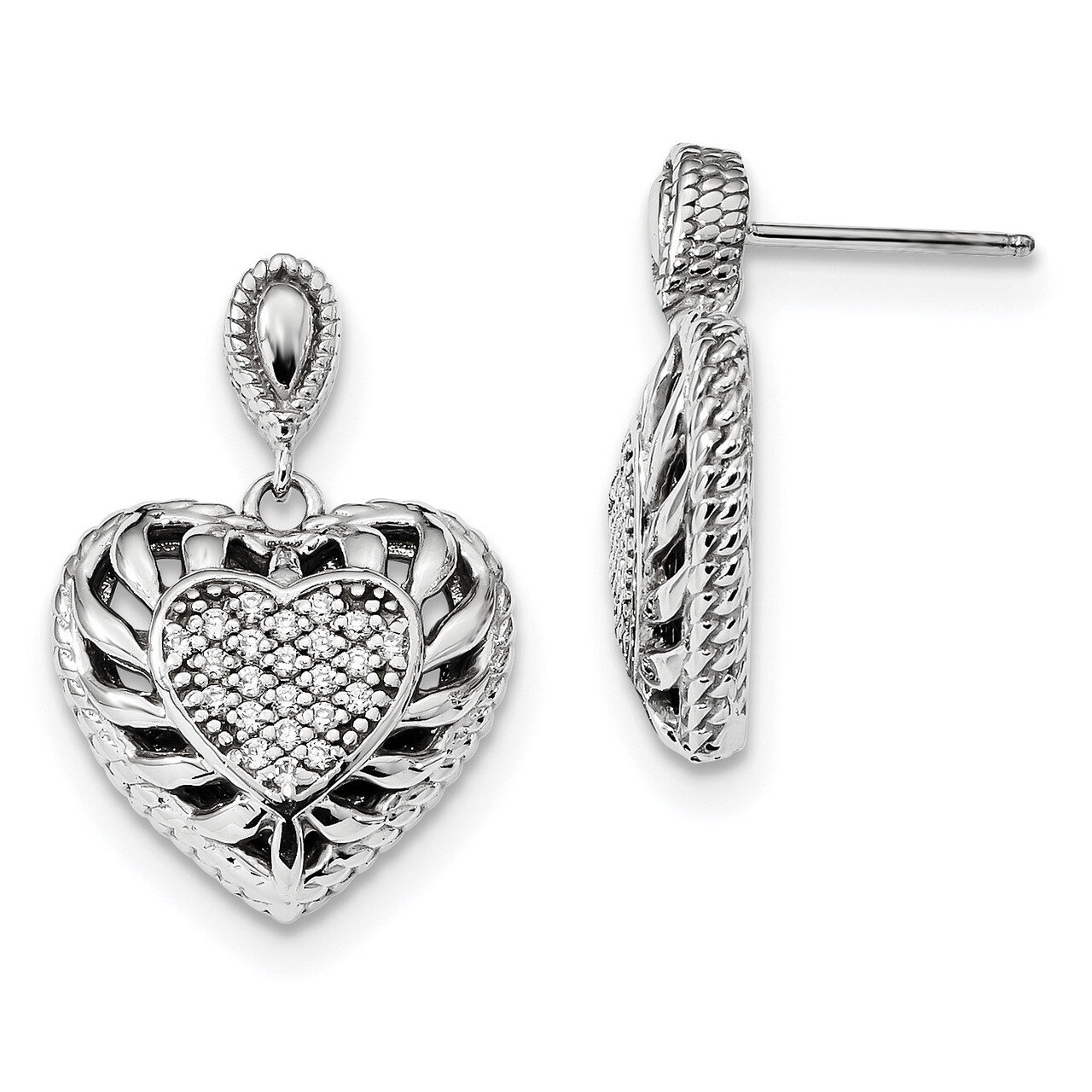 CZ Diamond Heart Dangle Post Earrings Sterling Silver Rhodium-plated Polished QE13403, MPN: QE13403…