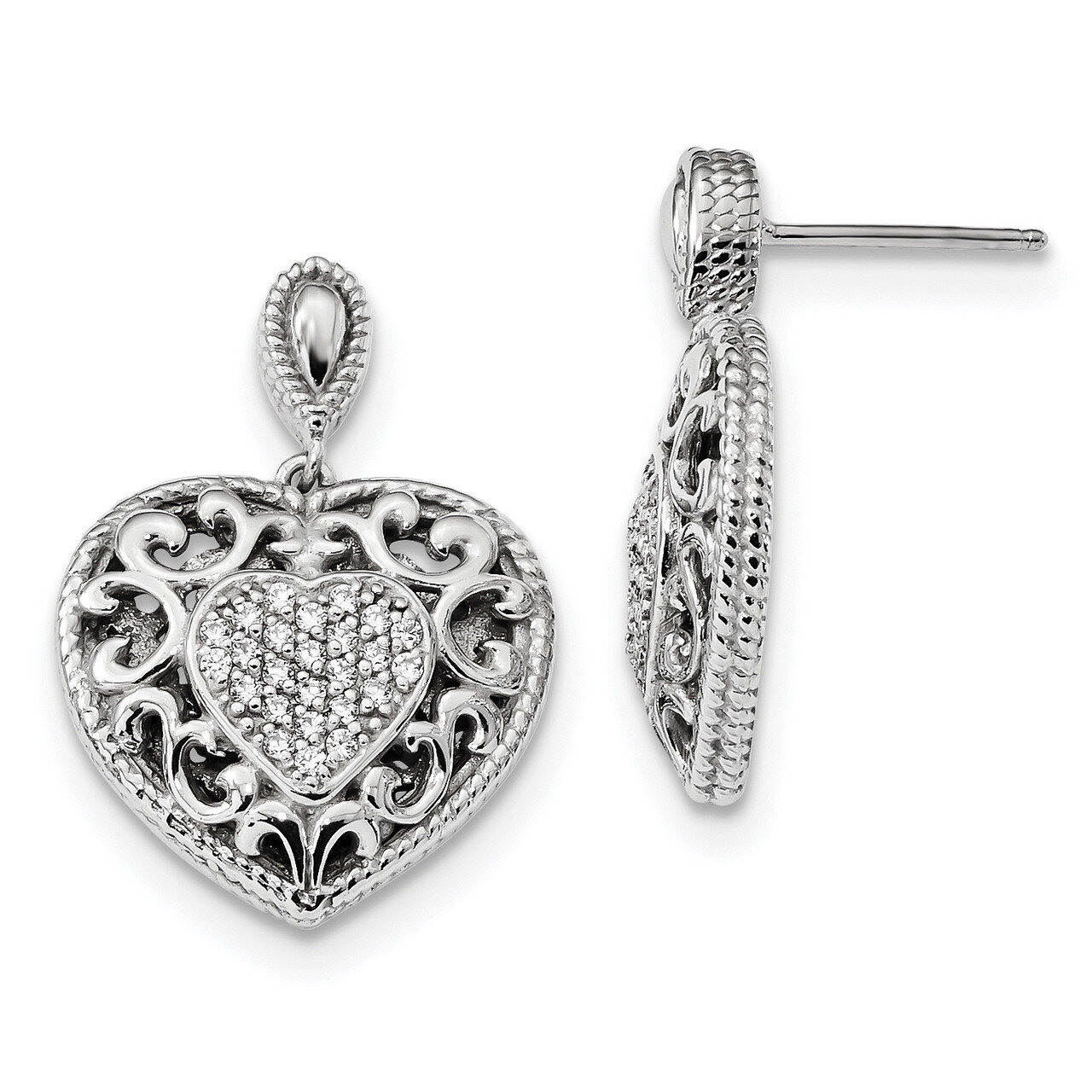 CZ Diamond Heart Dangle Post Earrings Sterling Silver Rhodium-plated QE13404