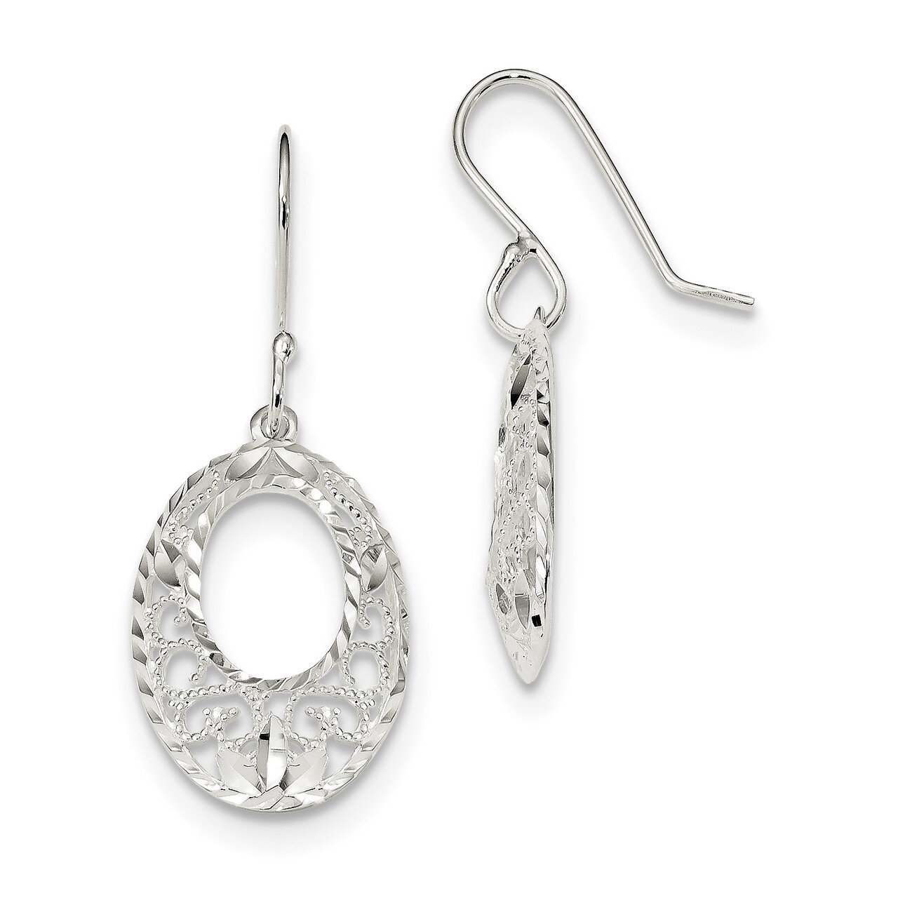 Diamond-cut Open Oval Dangle Shepherd Hook Earrings Sterling Silver QE13473