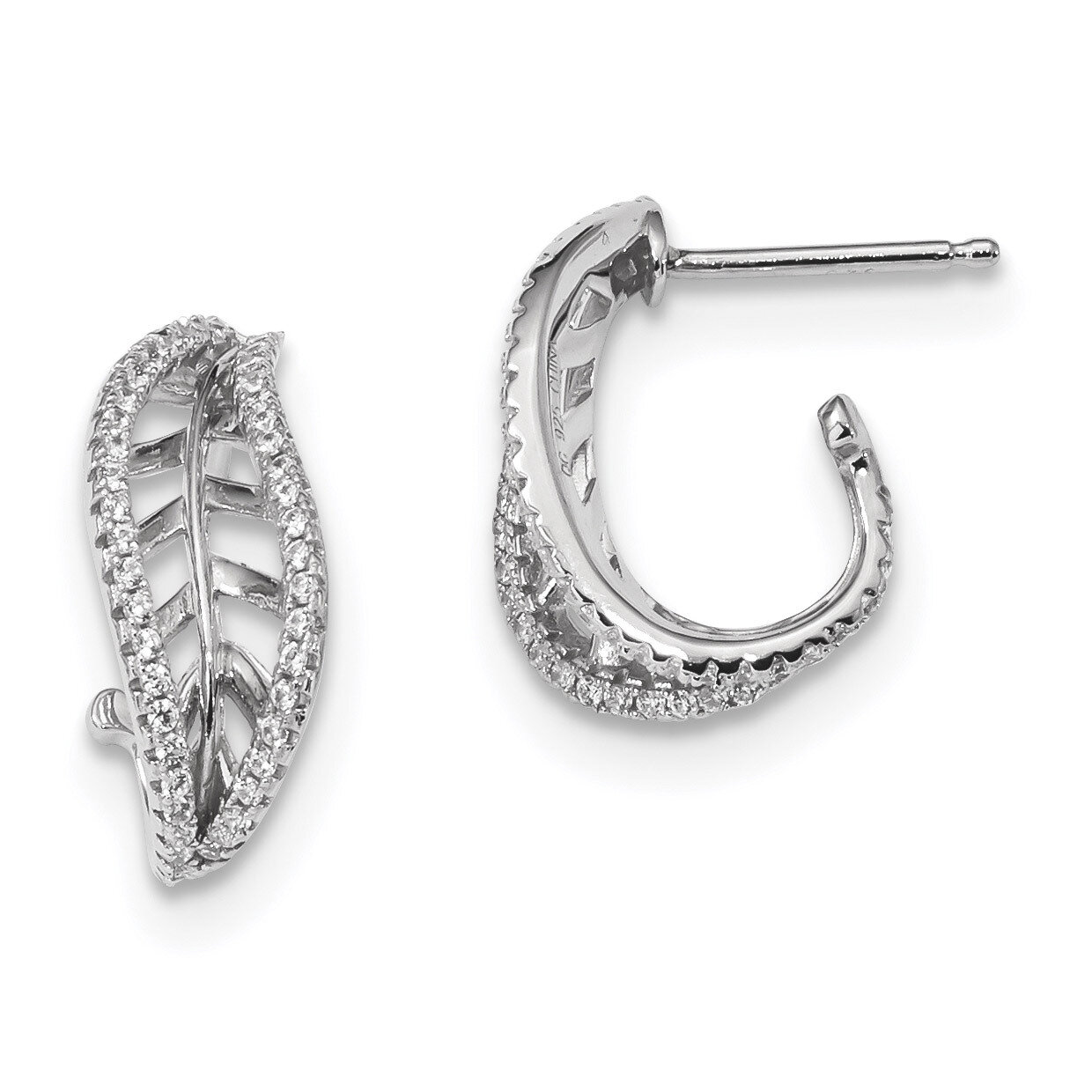CZ Diamond J-Hoop Leaf Post Earrings Sterling Silver Rhodium-plated QE13477, MPN: QE13477, 19110123…