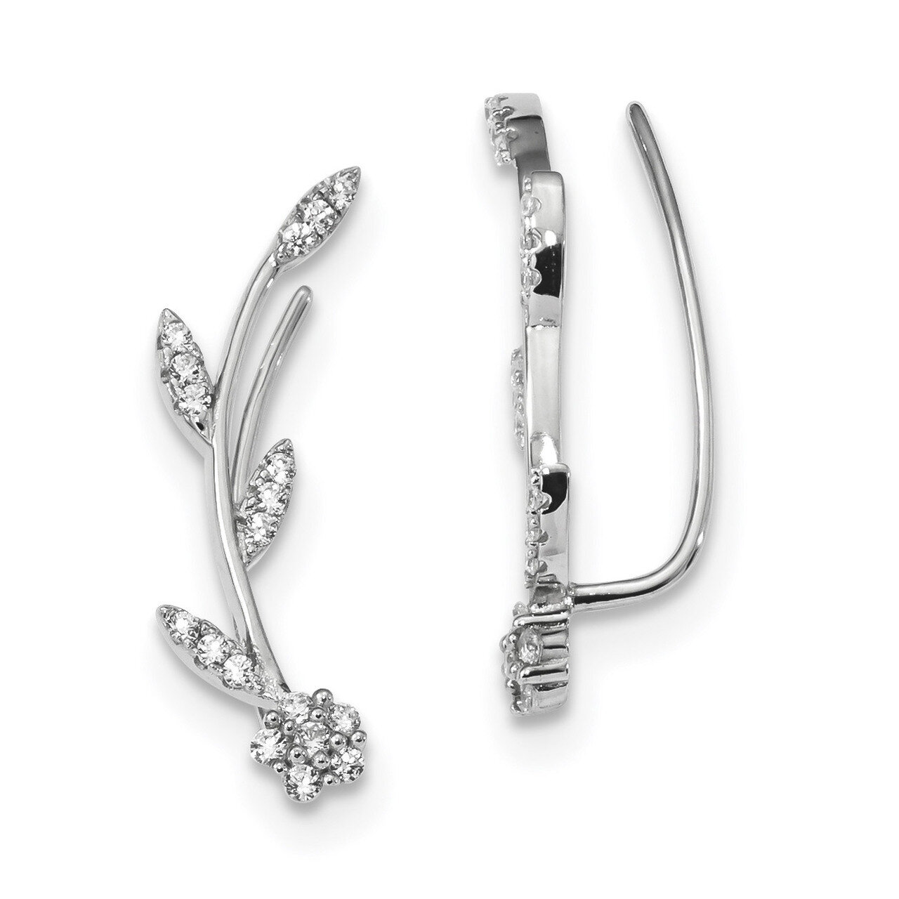 CZ Diamond Flower with Stem Ear Climber Earrings Sterling Silver Rhodium-plated QE13481