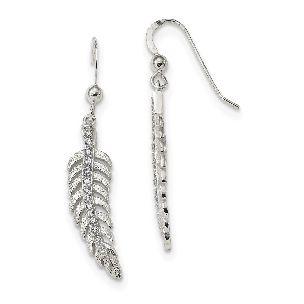 Textured CZ Diamond Feather Shepherd Hook Earrings Sterling Silver QE13486