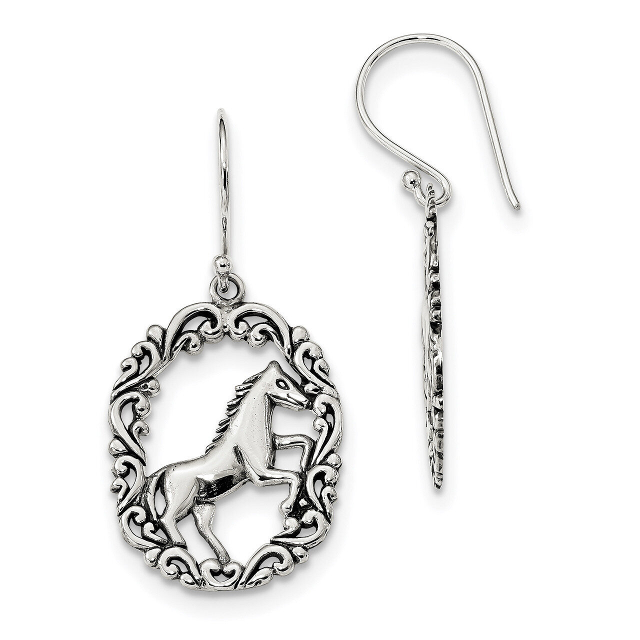 Horse Dangle Shepherds Hook Earrings Sterling Silver Antiqued QE13513