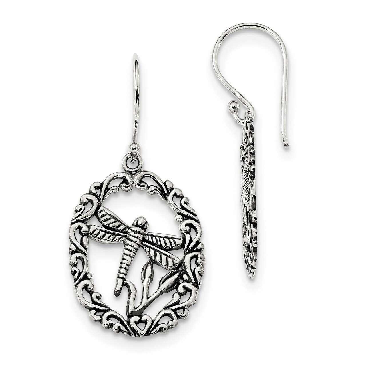 Dragon Fly Dangle Shepherds Hook Earrings Sterling Silver Antiqued QE13515, MPN: QE13515, 191101107…