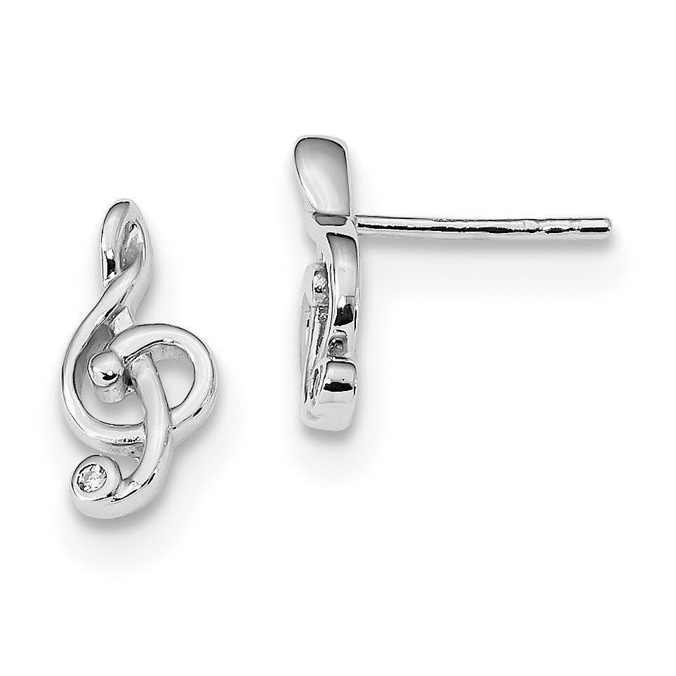 CZ Diamond Treble Clef Post Earrings Sterling Silver Rhodium-plated QE13544, MPN: QE13544, 19110123…