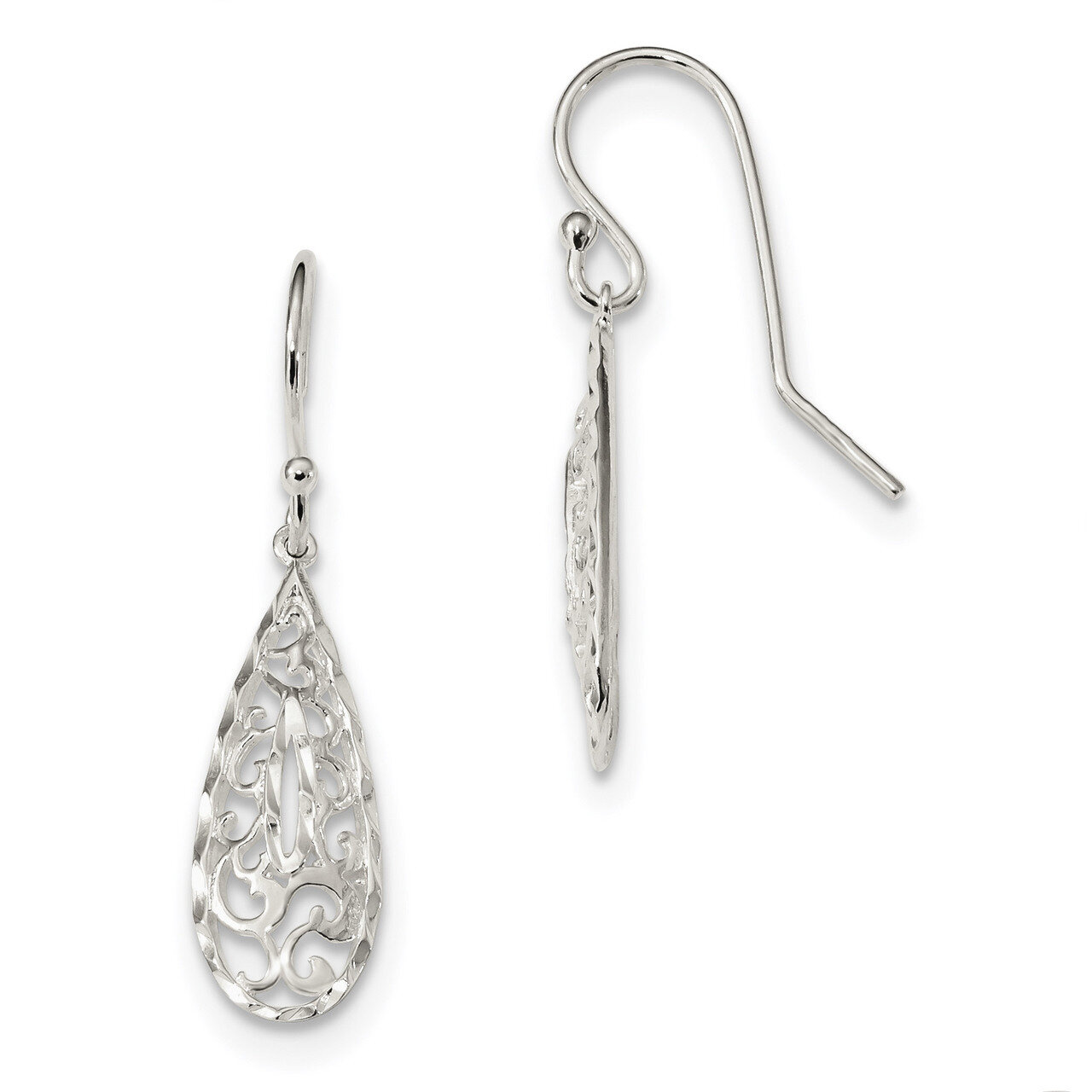 Diamond-cut Filigree Teardrop Shepherd Hook Earrings Sterling Silver QE13626
