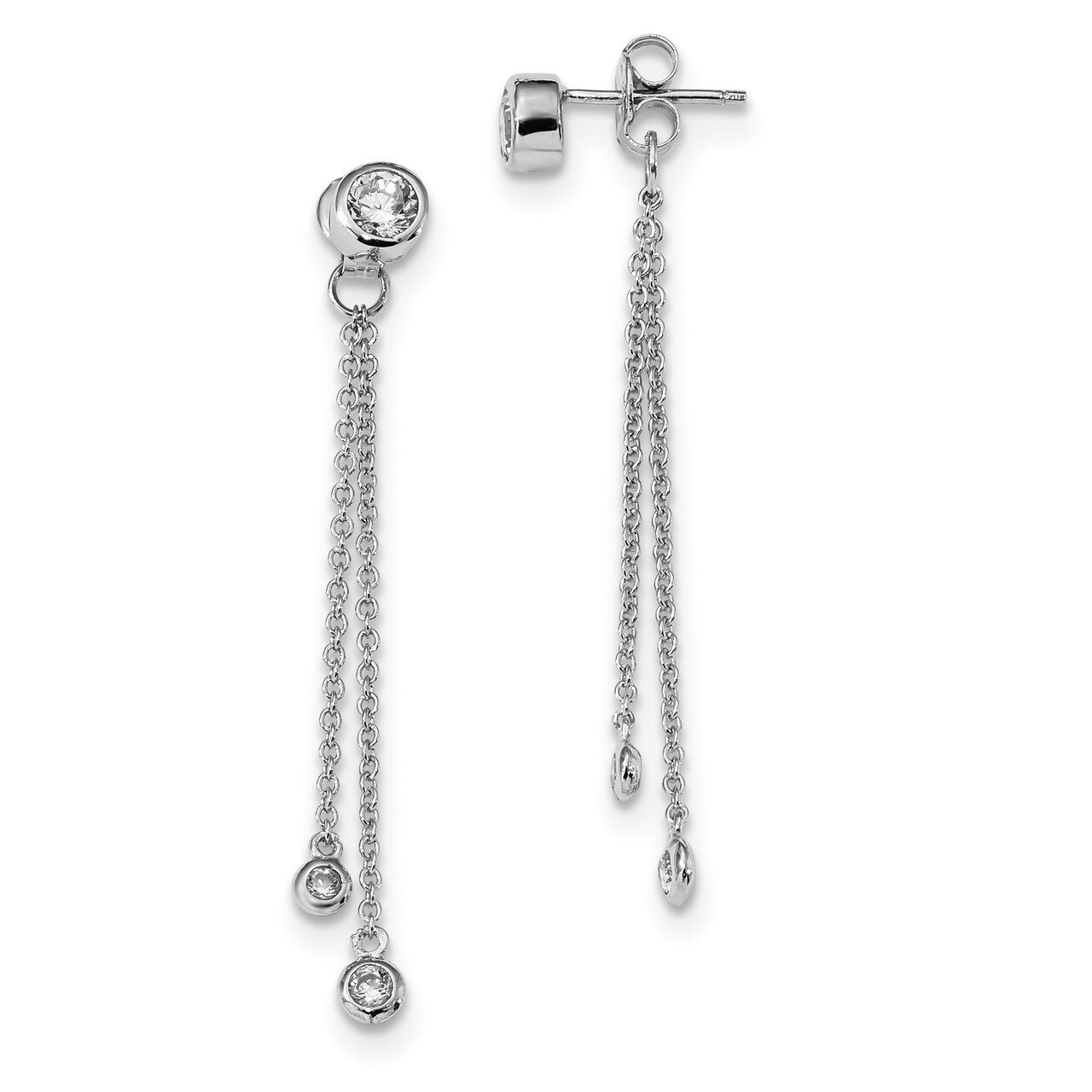 CZ Diamond Front & Back Dangle Chain Post Earrings Sterling Silver Rhodium-plated QE13650