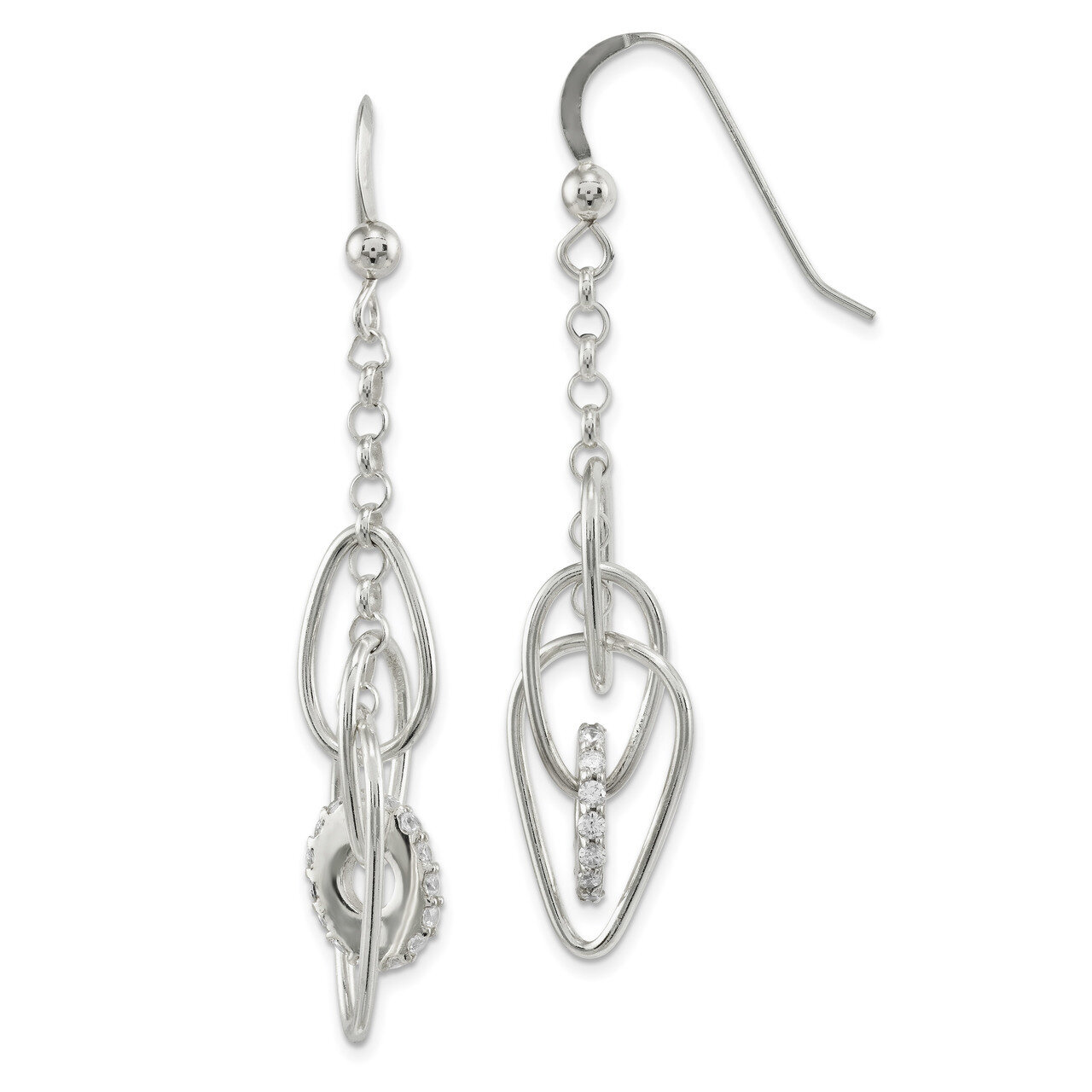 CZ Diamond Teardrop Dangle Shepherd Hook Earrings Sterling Silver Polished QE13672, MPN: QE13672,