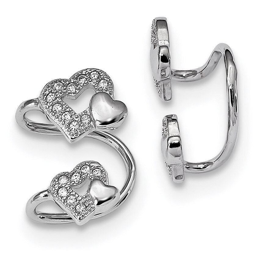 CZ Diamond Double Heart Right Cuff Earring Sterling Silver Rhodium-plated QE13679