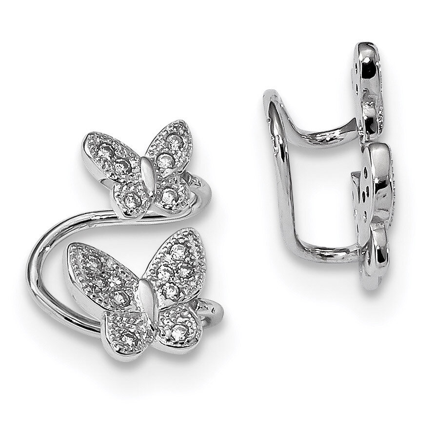 CZ Diamond Double Butterfly Left Cuff Earring Sterling Silver Rhodium-plated QE13682