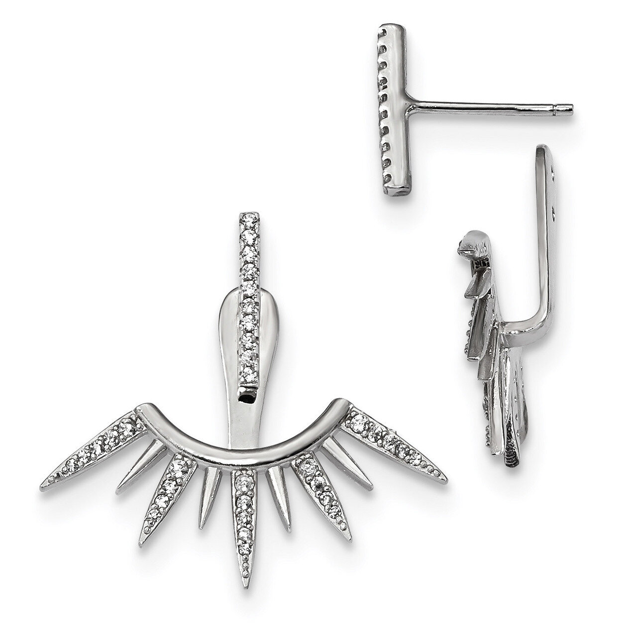 CZ Diamond Front &amp; Back Spike Post Earrings Sterling Silver Rhodium-plated QE13697, MPN: QE13697, 8…