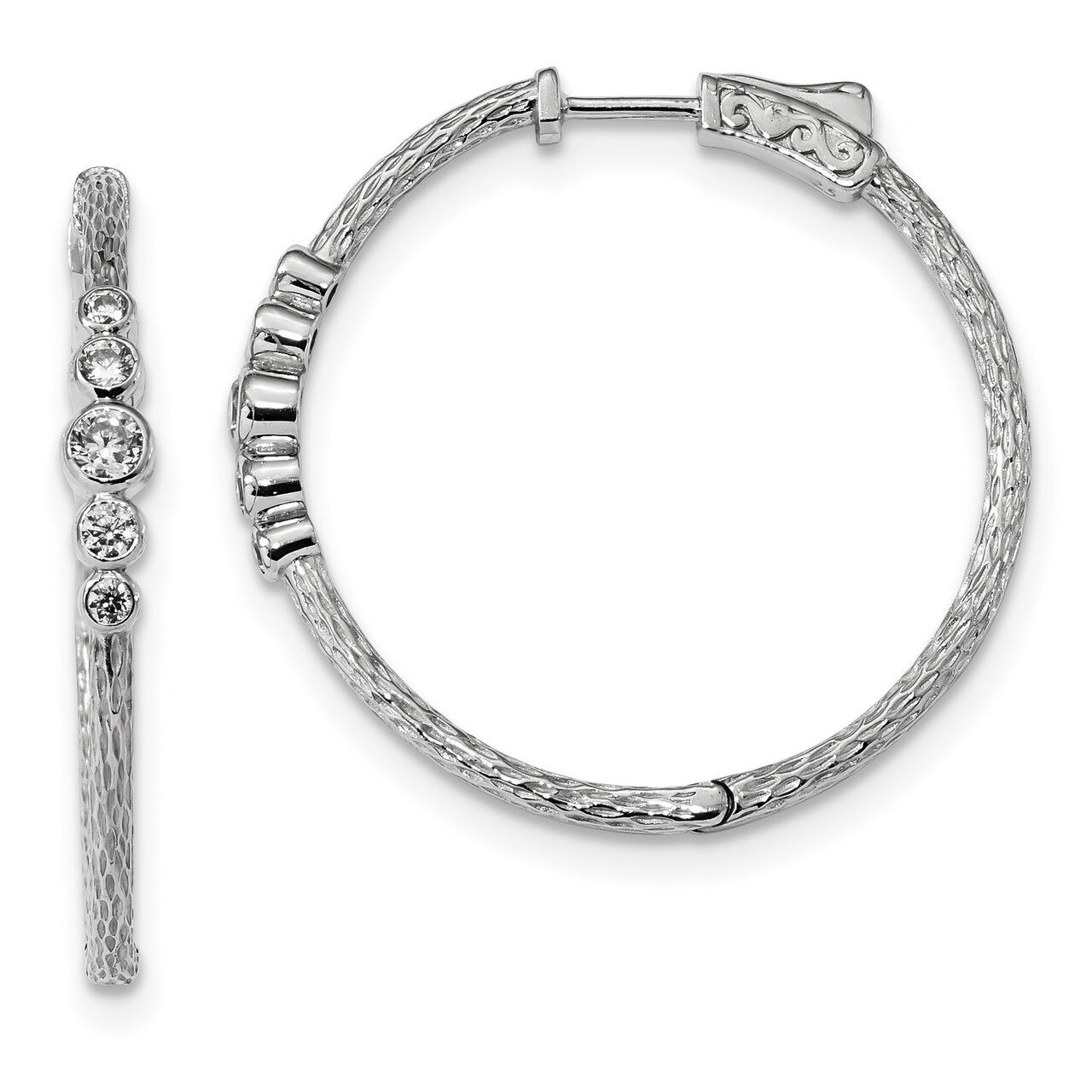 CZ Diamond Textured Hoop Earrings Sterling Silver Rhodium-plated QE13718, MPN: QE13718, 883957935164