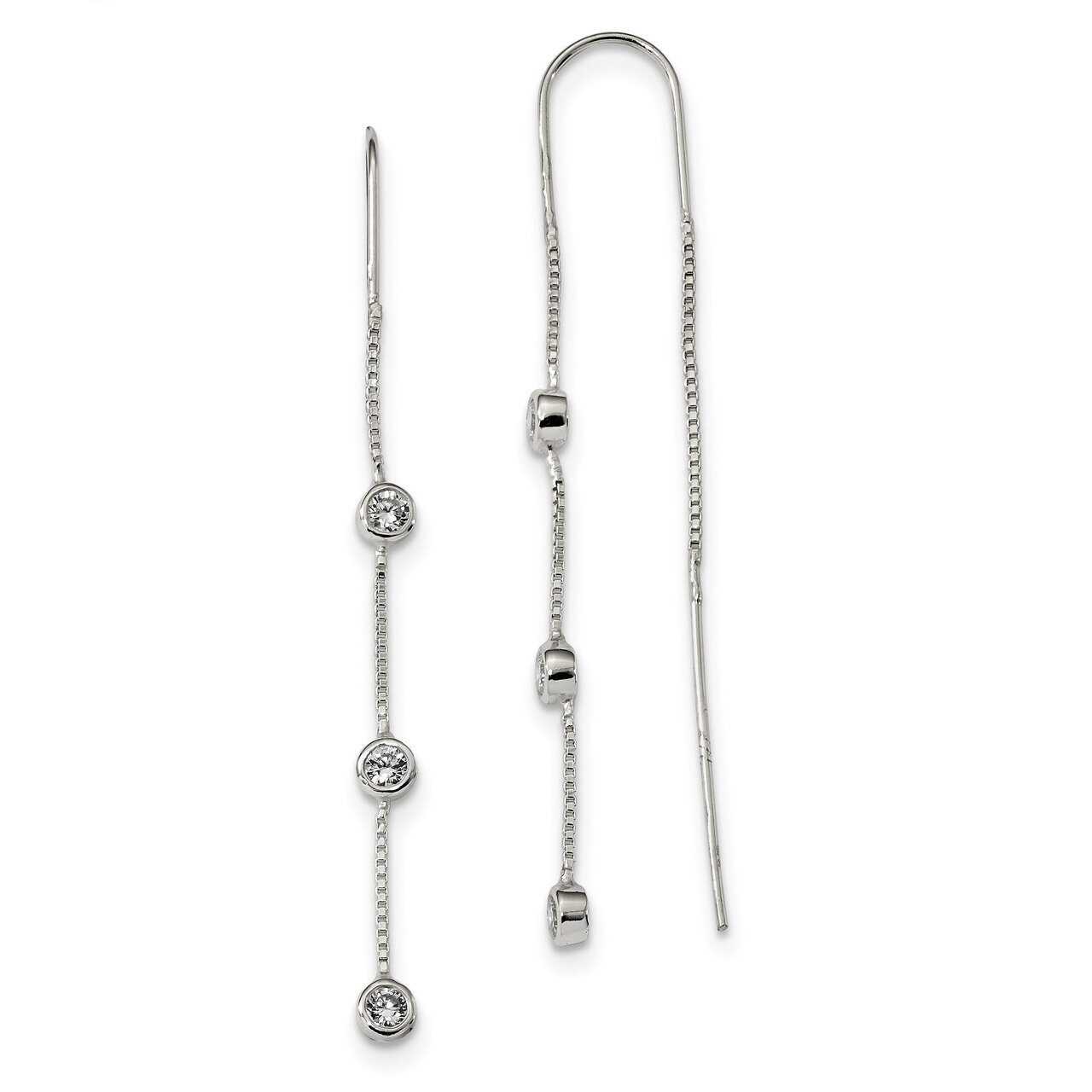 3 Bezel Set CZ Diamonds Threader Earrings Sterling Silver Polished QE13749