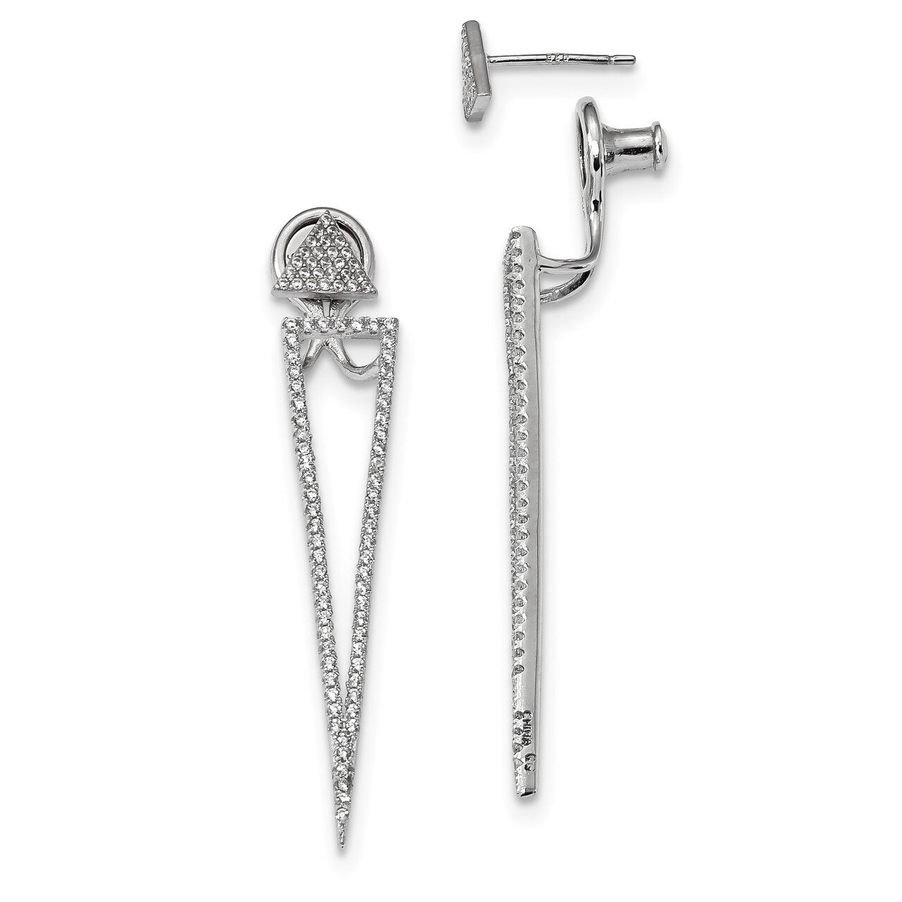 CZ Diamond Front &amp; Back Triangle Earrings Sterling Silver Rhodium-plated QE13751, MPN: QE13751, 883…