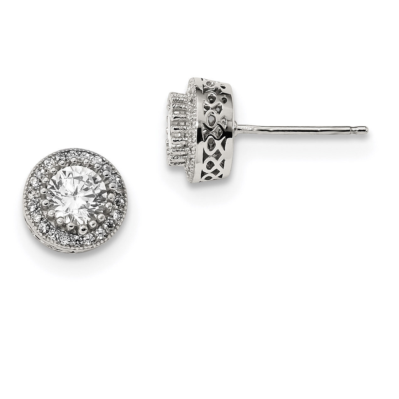 Round CZ Diamond Pave Halo Post Earrings Sterling Silver QE13763