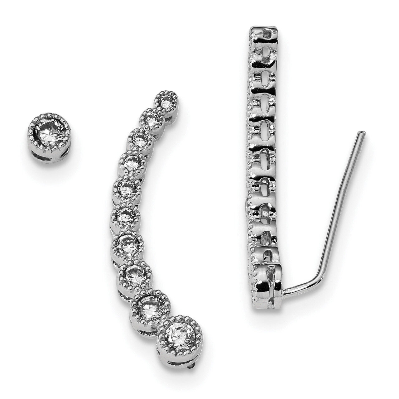 CZ Diamond 1 Ear Climber &amp; 1 Stud Earrings Sterling Silver Rhodium-plated QE13770, MPN: QE13770, 88…