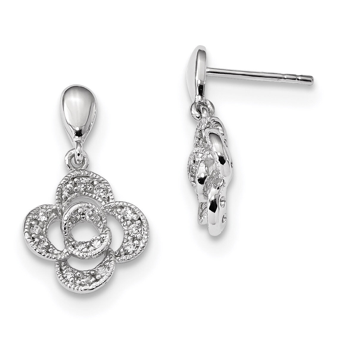 CZ Diamond Flower Dangle Post Earrings Sterling Silver Rhodium-plated QE13820