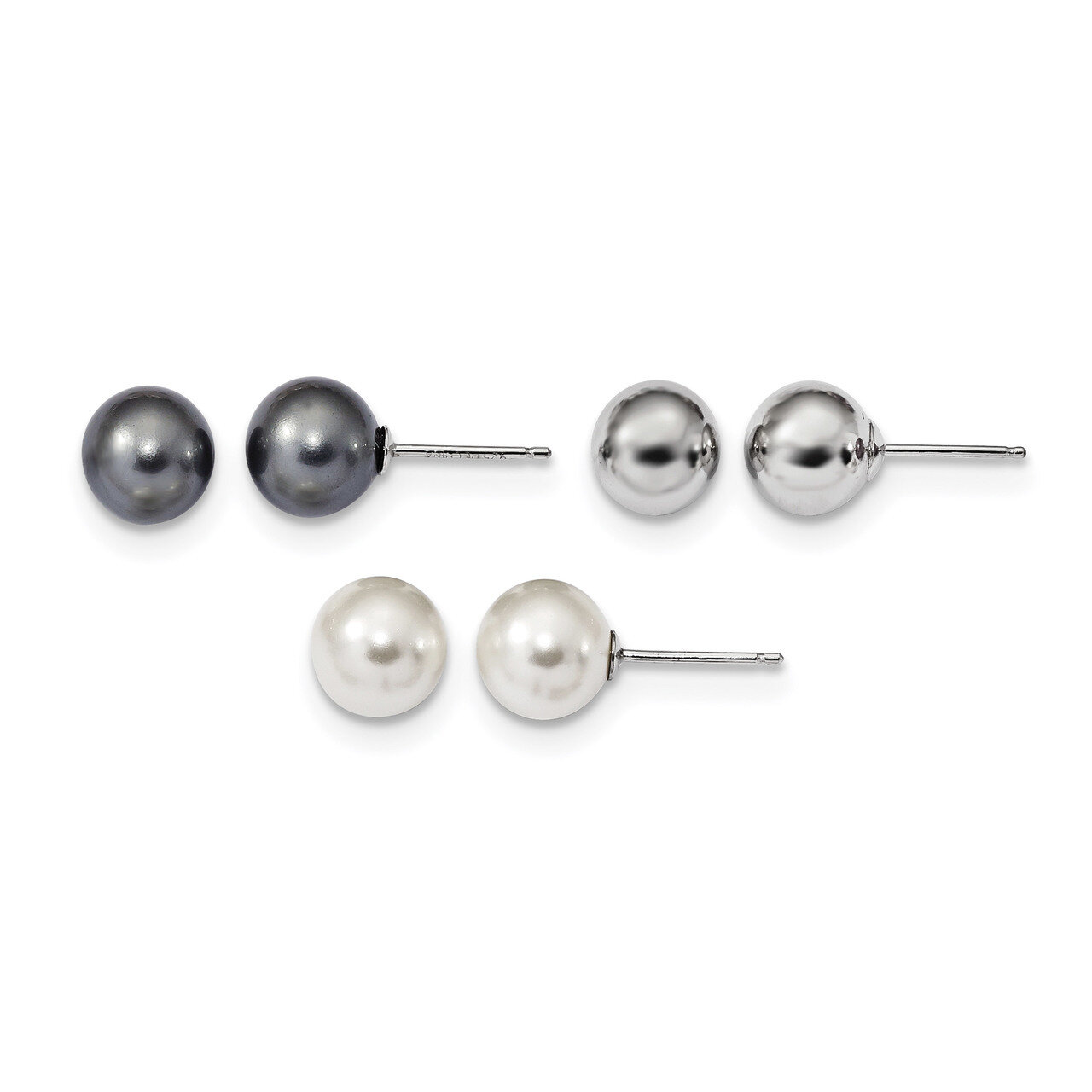 8-9mm White Black Shell Pearl Post 3 Earring Set Sterling Silver Rhodium QE13840SET