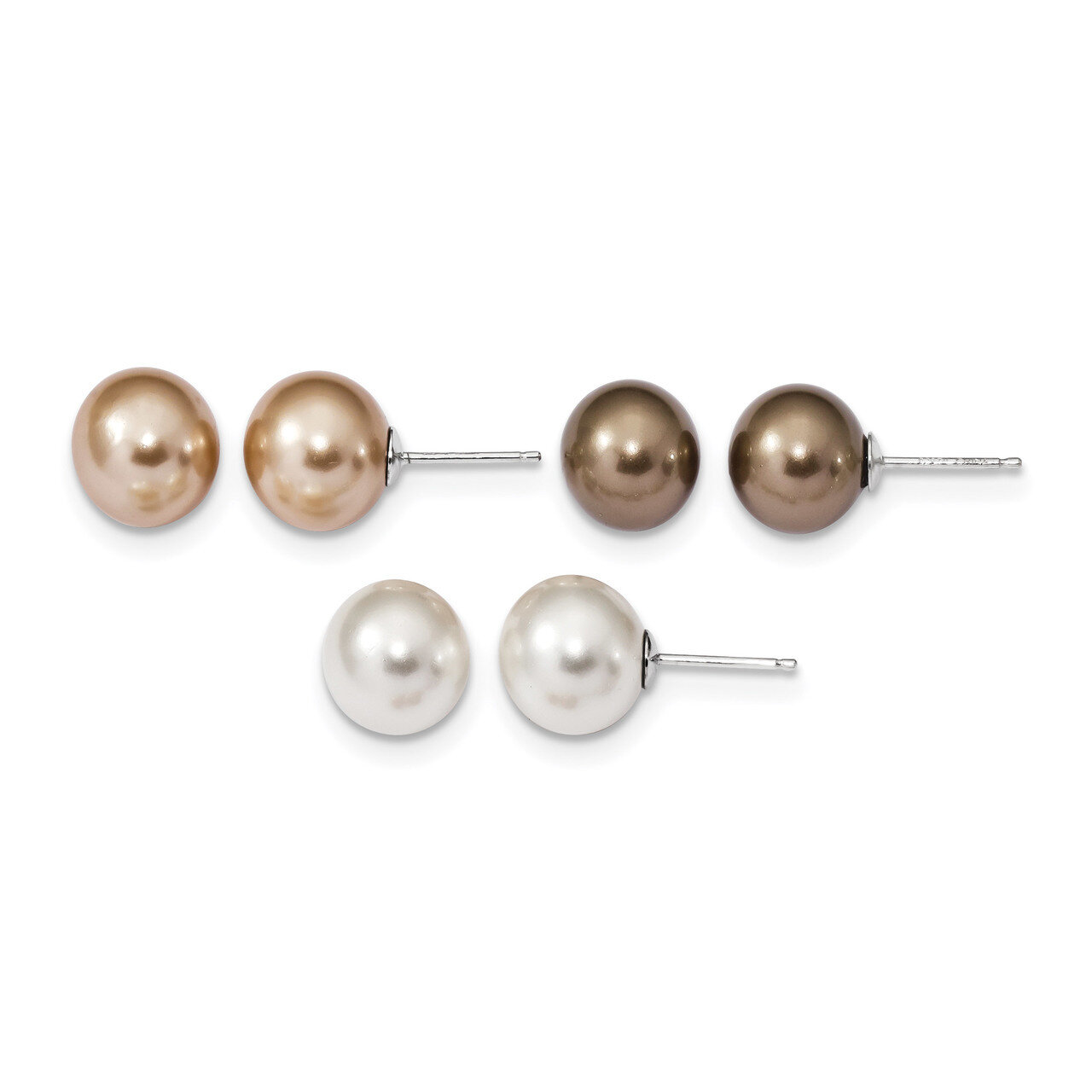 10-11mm White Champagne Brown Shell Pearl Earring Set Sterling Silver Rhodium QE13846SET, MPN: QE13…