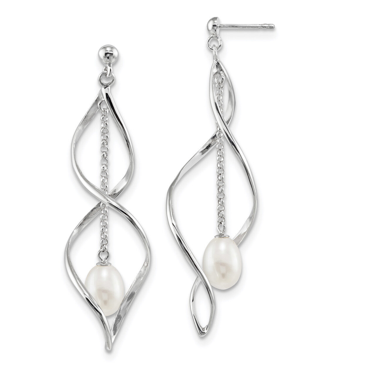 7-8mm White Rice Cultured Freshwater Pearl Post Dangle Earring Sterling Silver Rhodium-plated QE138…