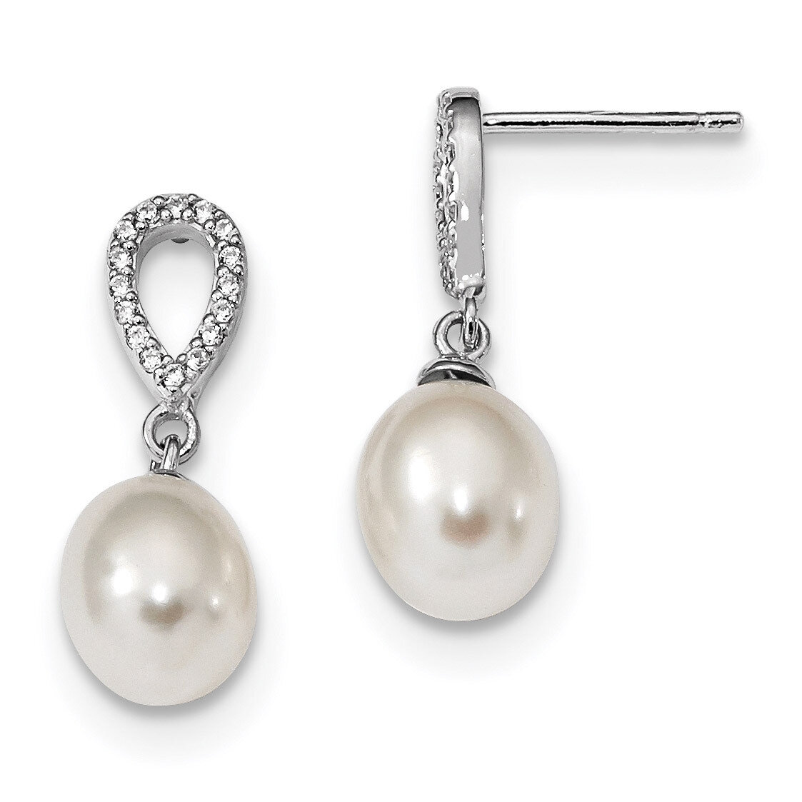 8-9mm Rice Cultured Freshwater Pearl CZ Diamond Post Dangle Earrings Sterling Silver Rhodium-plated QE13857