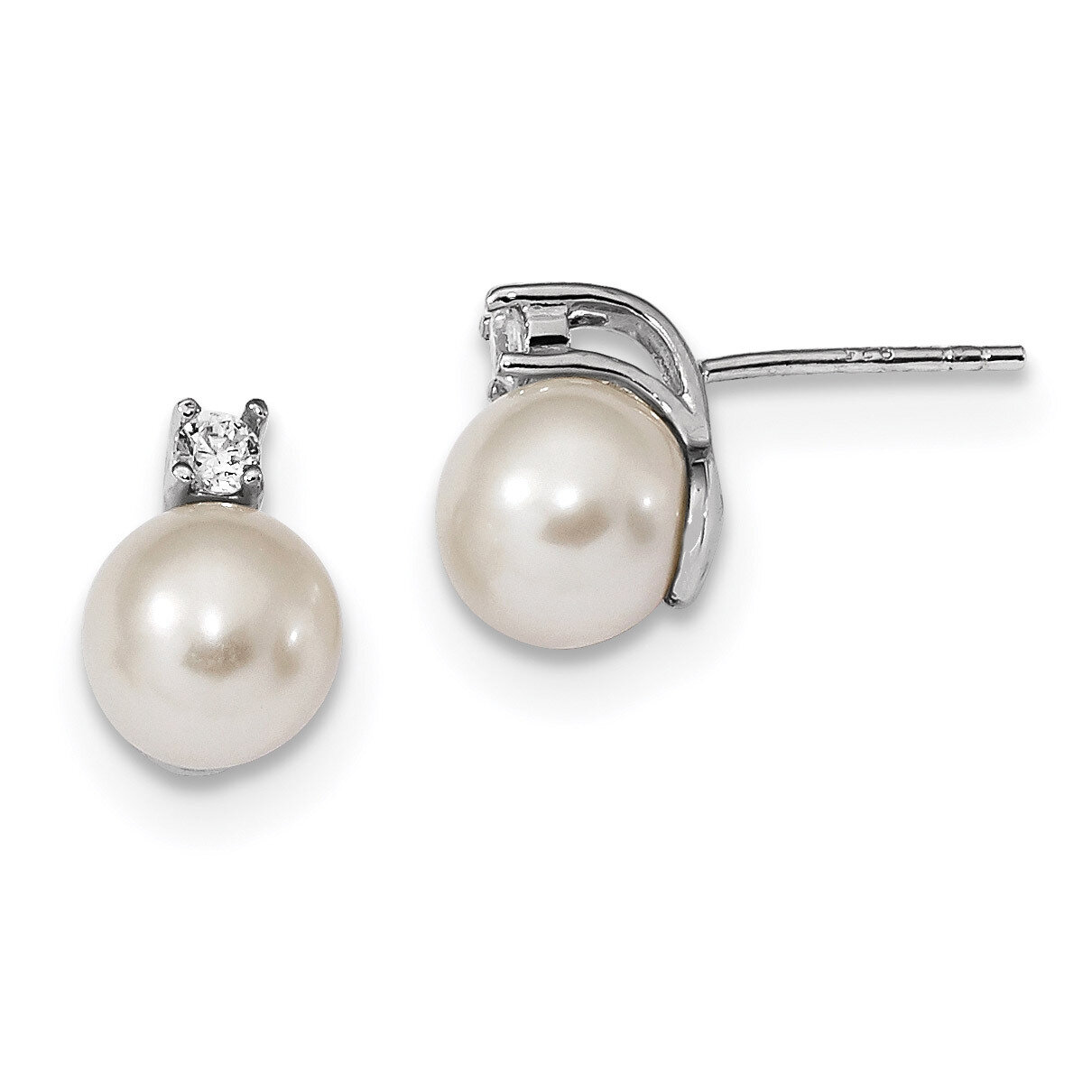 8-9mm White Round Cultured Freshwater Pearl CZ Diamond Post Earrings Sterling Silver Rhodium-plated QE13864