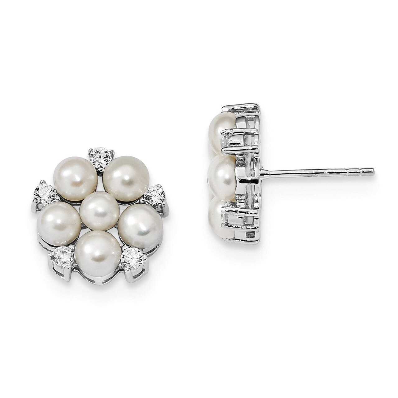 3-5mm White Button Cultured Freshwater Pearl CZ Diamond Post Earrings Sterling Silver Rhodium-plate…