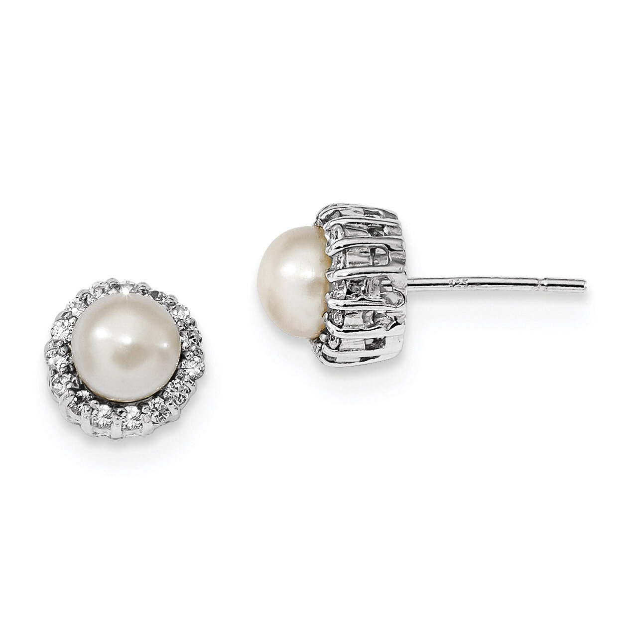 CZ Diamond & Freshwater Cultured Pearl Post Earrings Sterling Silver Rhodium-plated QE13870