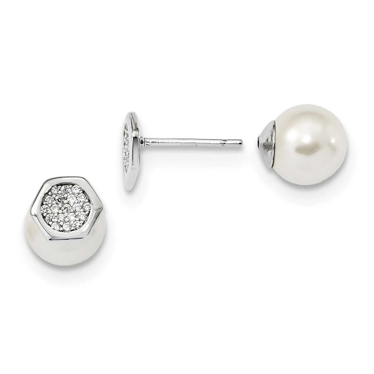 CZ Diamond &amp; Mother of Pearl Front &amp; Back Earrings Sterling Silver Rhodium-plated QE13876, MPN: QE1…