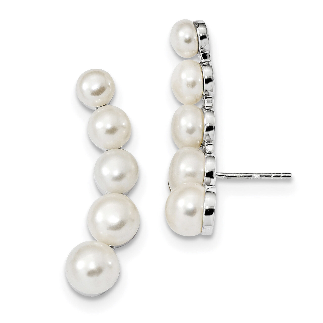 5-8mm White Button Cultured Freshwater Pearl Ear Climber Post Earrings Sterling Silver Rhodium-plat…